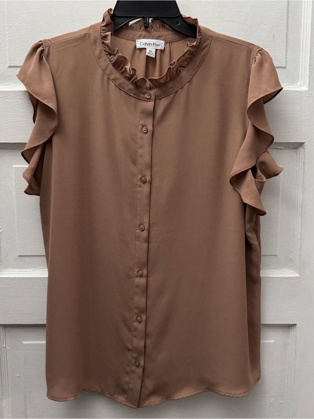 Calvin Klein Taupe Flutter Sleeve Mock Neck Blouse XL - Picture 1 of 8